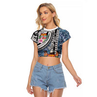 Fiji Day Raglan Cropped T Shirt Traditional Tapa with Hibiscus and Emblems