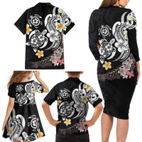 Hawaiian Tropical Plumeria Turtles Family Matching Long Sleeve Bodycon Dress and Hawaiian Shirt Polynesian Art Tattoo