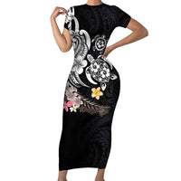 Hawaiian Tropical Plumeria Turtles Short Sleeve Bodycon Dress Polynesian Art Tattoo LT03 Long Dress - Polynesian Pride