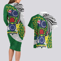 Cook Islands Independence Day Couples Matching Long Sleeve Bodycon Dress and Hawaiian Shirt National Flag and Emblem with Tatau Tattoo LT03 - Polynesian Pride