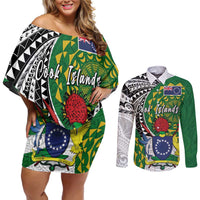 Cook Islands Independence Day Couples Matching Off Shoulder Short Dress and Long Sleeve Button Shirt National Flag and Emblem with Tatau Tattoo LT03 No Dress - Polynesian Pride