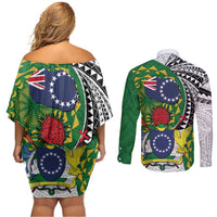 Cook Islands Independence Day Couples Matching Off Shoulder Short Dress and Long Sleeve Button Shirt National Flag and Emblem with Tatau Tattoo LT03 - Polynesian Pride