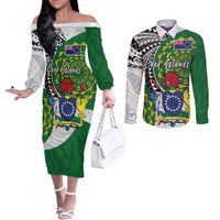 Cook Islands Independence Day Couples Matching Off The Shoulder Long Sleeve Dress and Long Sleeve Button Shirt National Flag and Emblem with Tatau Tattoo LT03 No Dress - Polynesian Pride