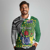 Cook Islands Independence Day Long Sleeve Polo Shirt National Flag and Emblem with Tatau Tattoo LT03 - Polynesian Pride