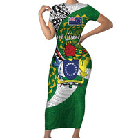 Cook Islands Independence Day Short Sleeve Bodycon Dress National Flag and Emblem with Tatau Tattoo LT03 Long Dress - Polynesian Pride