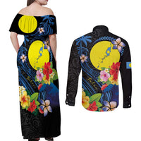 Palau Independence Day Couples Matching Off Shoulder Maxi Dress and Long Sleeve Button Shirt Melanesian Tattoo with Hibiscus LT03 - Polynesian Pride