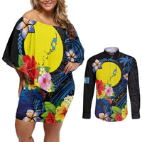 Palau Independence Day Couples Matching Off Shoulder Short Dress and Long Sleeve Button Shirt Melanesian Tattoo with Hibiscus LT03 No Dress - Polynesian Pride