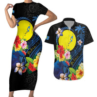Palau Independence Day Couples Matching Short Sleeve Bodycon Dress and Hawaiian Shirt Melanesian Tattoo with Hibiscus LT03 No Dress - Polynesian Pride