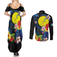 Palau Independence Day Couples Matching Summer Maxi Dress and Long Sleeve Button Shirt Melanesian Tattoo with Hibiscus LT03 - Polynesian Pride