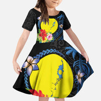 Palau Independence Day Family Matching Off Shoulder Maxi Dress and Hawaiian Shirt Melanesian Tattoo with Hibiscus LT03 Daughter's Dress - Polynesian Pride