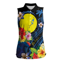 Palau Independence Day Women Sleeveless Polo Shirt Melanesian Tattoo with Hibiscus LT03 Female - Polynesian Pride