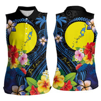 Palau Independence Day Women Sleeveless Polo Shirt Melanesian Tattoo with Hibiscus LT03 - Polynesian Pride
