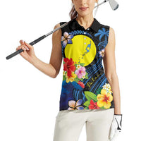 Palau Independence Day Women Sleeveless Polo Shirt Melanesian Tattoo with Hibiscus LT03 - Polynesian Pride