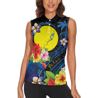 Palau Independence Day Women Sleeveless Polo Shirt Melanesian Tattoo with Hibiscus LT03 - Polynesian Pride