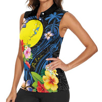 Palau Independence Day Women Sleeveless Polo Shirt Melanesian Tattoo with Hibiscus LT03 - Polynesian Pride
