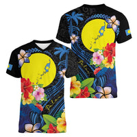 Palau Independence Day Women V-Neck T-Shirt Melanesian Tattoo with Hibiscus LT03 - Polynesian Pride
