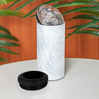 Hawaiian Turtles and Leis 4 in 1 Can Cooler Tumbler Tribal Kakau Pattern Airy White Blue Cloud Vibe