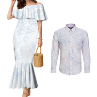 Hawaiian Turtles and Leis Couples Matching Mermaid Dress and Long Sleeve Button Shirt Tribal Kakau Pattern Airy White Blue Cloud Vibe