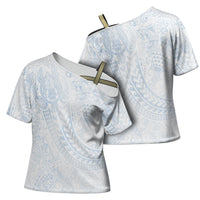 Hawaiian Turtles and Leis Cross Shoulder Shirt Tribal Kakau Pattern Airy White Blue Cloud Vibe