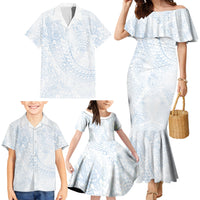 Hawaiian Turtles and Leis Family Matching Mermaid Dress and Hawaiian Shirt Tribal Kakau Pattern Airy White Blue Cloud Vibe