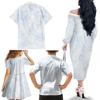 Hawaiian Turtles and Leis Family Matching Off The Shoulder Long Sleeve Dress and Hawaiian Shirt Tribal Kakau Pattern Airy White Blue Cloud Vibe