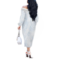 Hawaiian Turtles and Leis Off The Shoulder Long Sleeve Dress Tribal Kakau Pattern Airy White Blue Cloud Vibe