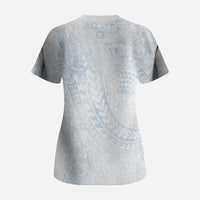 Hawaiian Turtles and Leis Scrub Top Tribal Kakau Pattern Airy White Blue Cloud Vibe