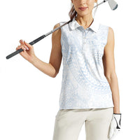 Hawaiian Turtles and Leis Women Sleeveless Polo Shirt Tribal Kakau Pattern Airy White Blue Cloud Vibe