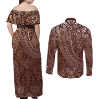 Hawaiian Turtles and Leis Couples Matching Off Shoulder Maxi Dress and Long Sleeve Button Shirt Tribal Kakau Pattern Mocha Mousse Color
