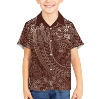 Hawaiian Turtles and Leis Family Matching Long Sleeve Bodycon Dress and Hawaiian Shirt Tribal Kakau Pattern Mocha Mousse Color
