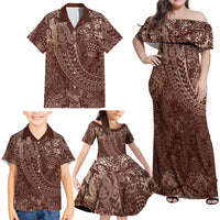 Hawaiian Turtles and Leis Family Matching Off Shoulder Maxi Dress and Hawaiian Shirt Tribal Kakau Pattern Mocha Mousse Color