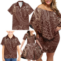 Hawaiian Turtles and Leis Family Matching Off Shoulder Short Dress and Hawaiian Shirt Tribal Kakau Pattern Mocha Mousse Color