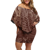 Hawaiian Turtles and Leis Family Matching Off Shoulder Short Dress and Hawaiian Shirt Tribal Kakau Pattern Mocha Mousse Color