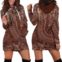 Hawaiian Turtles and Leis Hoodie Dress Tribal Kakau Pattern Mocha Mousse Color