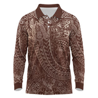 Hawaiian Turtles and Leis Long Sleeve Polo Shirt Tribal Kakau Pattern Mocha Mousse Color