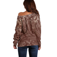 Hawaiian Turtles and Leis Off Shoulder Sweater Tribal Kakau Pattern Mocha Mousse Color