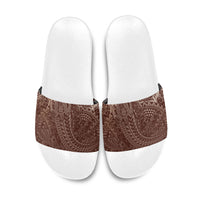 Hawaiian Turtles and Leis Slide Sandals Tribal Kakau Pattern Mocha Mousse Color