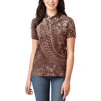 Hawaiian Turtles and Leis Women Polo Shirt Tribal Kakau Pattern Mocha Mousse Color
