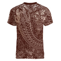 Hawaiian Turtles and Leis Women V-Neck T-Shirt Tribal Kakau Pattern Mocha Mousse Color