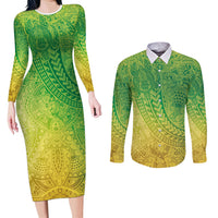 Hawaiian Turtles and Leis Couples Matching Long Sleeve Bodycon Dress and Long Sleeve Button Shirt Tribal Kakau Pattern Fresh Summer Vibe