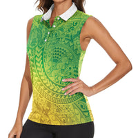 Hawaiian Turtles and Leis Women Sleeveless Polo Shirt Tribal Kakau Pattern Fresh Summer Vibe