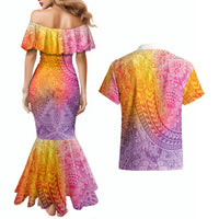 Hawaiian Turtles and Leis Couples Matching Mermaid Dress and Hawaiian Shirt Tribal Kakau Pattern Magical Rainbow Sky