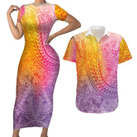 Hawaiian Turtles and Leis Couples Matching Short Sleeve Bodycon Dress and Hawaiian Shirt Tribal Kakau Pattern Magical Rainbow Sky