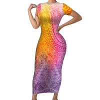 Hawaiian Turtles and Leis Family Matching Short Sleeve Bodycon Dress and Hawaiian Shirt Tribal Kakau Pattern Magical Rainbow Sky