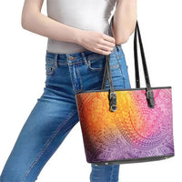 Hawaiian Turtles and Leis Leather Tote Bag Tribal Kakau Pattern Magical Rainbow Sky