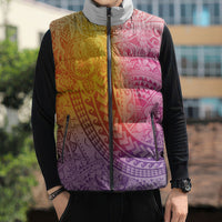 Hawaiian Turtles and Leis Sleeveless Puffer Jacket Tribal Kakau Pattern Magical Rainbow Sky