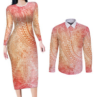 Hawaiian Turtles and Leis Couples Matching Long Sleeve Bodycon Dress and Long Sleeve Button Shirt Tribal Kakau Pattern Peach Fuzz Color