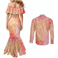 Hawaiian Turtles and Leis Couples Matching Mermaid Dress and Long Sleeve Button Shirt Tribal Kakau Pattern Peach Fuzz Color