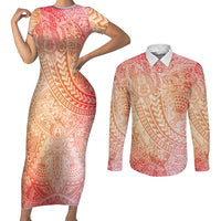 Hawaiian Turtles and Leis Couples Matching Short Sleeve Bodycon Dress and Long Sleeve Button Shirt Tribal Kakau Pattern Peach Fuzz Color