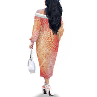 Hawaiian Turtles and Leis Family Matching Off The Shoulder Long Sleeve Dress and Hawaiian Shirt Tribal Kakau Pattern Peach Fuzz Color